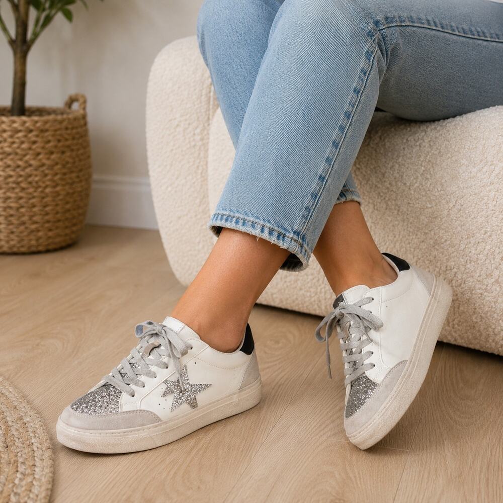 Women's Silver Glitter Star Sneakers Size 10